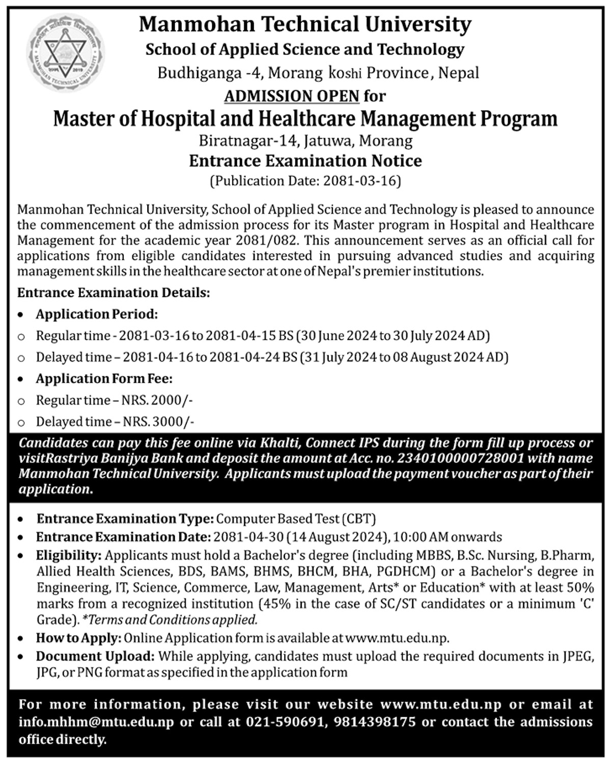 Admission open for Master of Hospital and Healthcare Management (MHHCM)