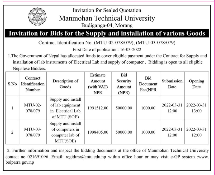 Invitation for bids for supply and install of various goods