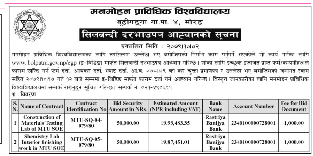 सिलबन्दी दरभाउपत्र आह्वानको सूचना