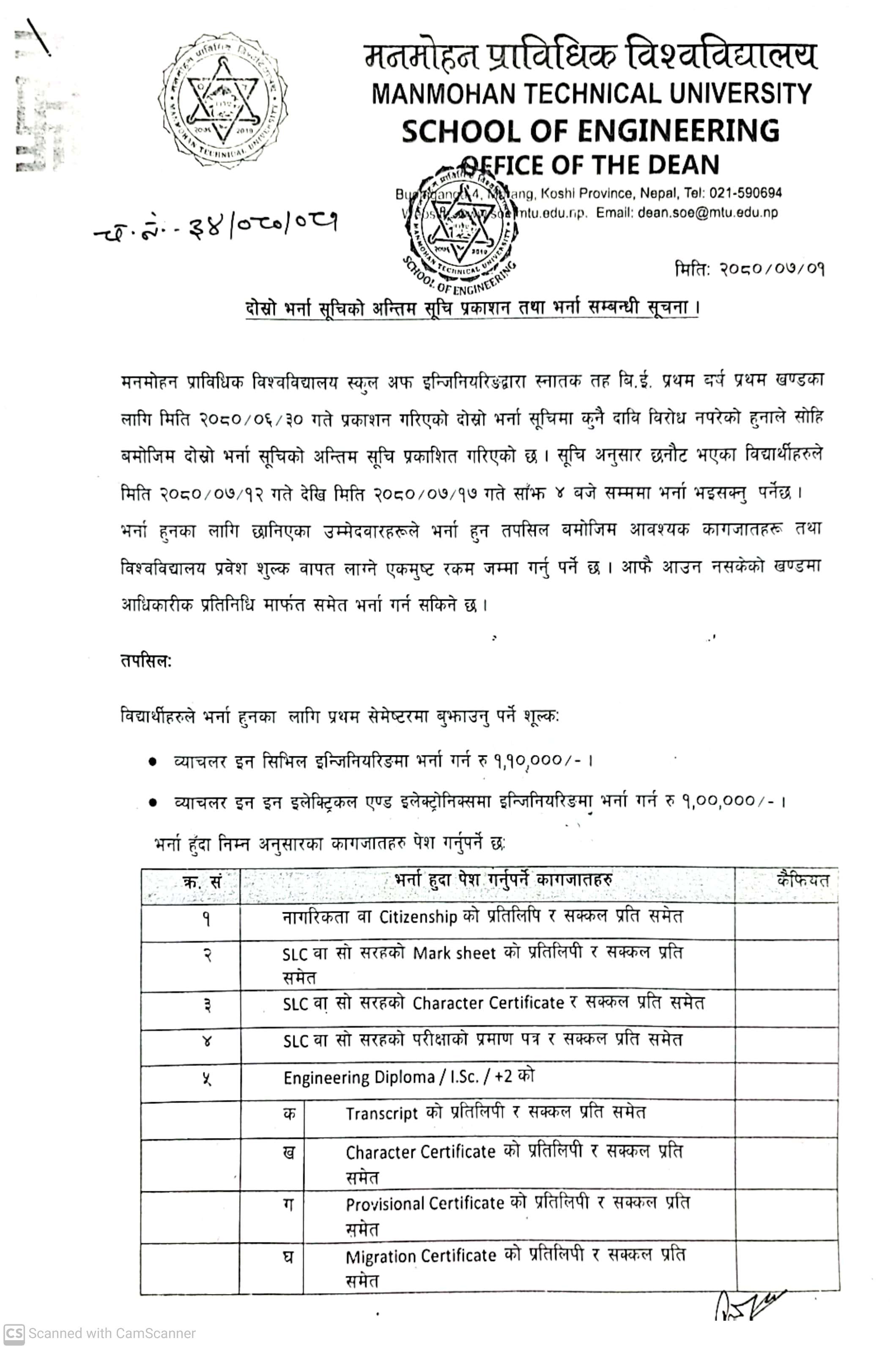 Second Admission List (Final) and Admission Notice