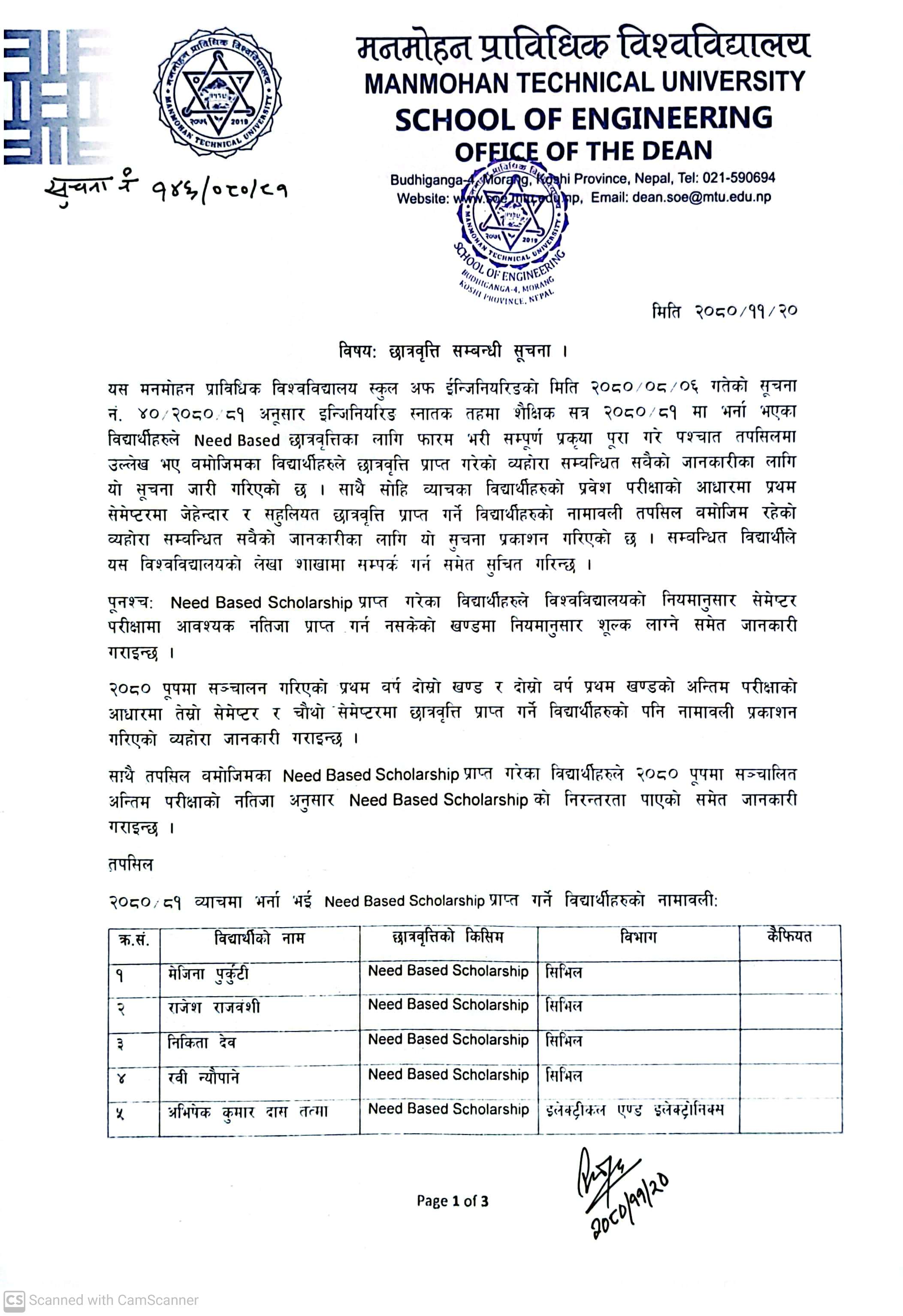 Scholarship Notice of MTU SOE