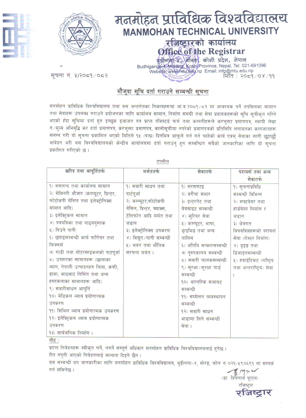 मौजुदा सूचि दर्ता गर्ने सम्बन्धी सूचना