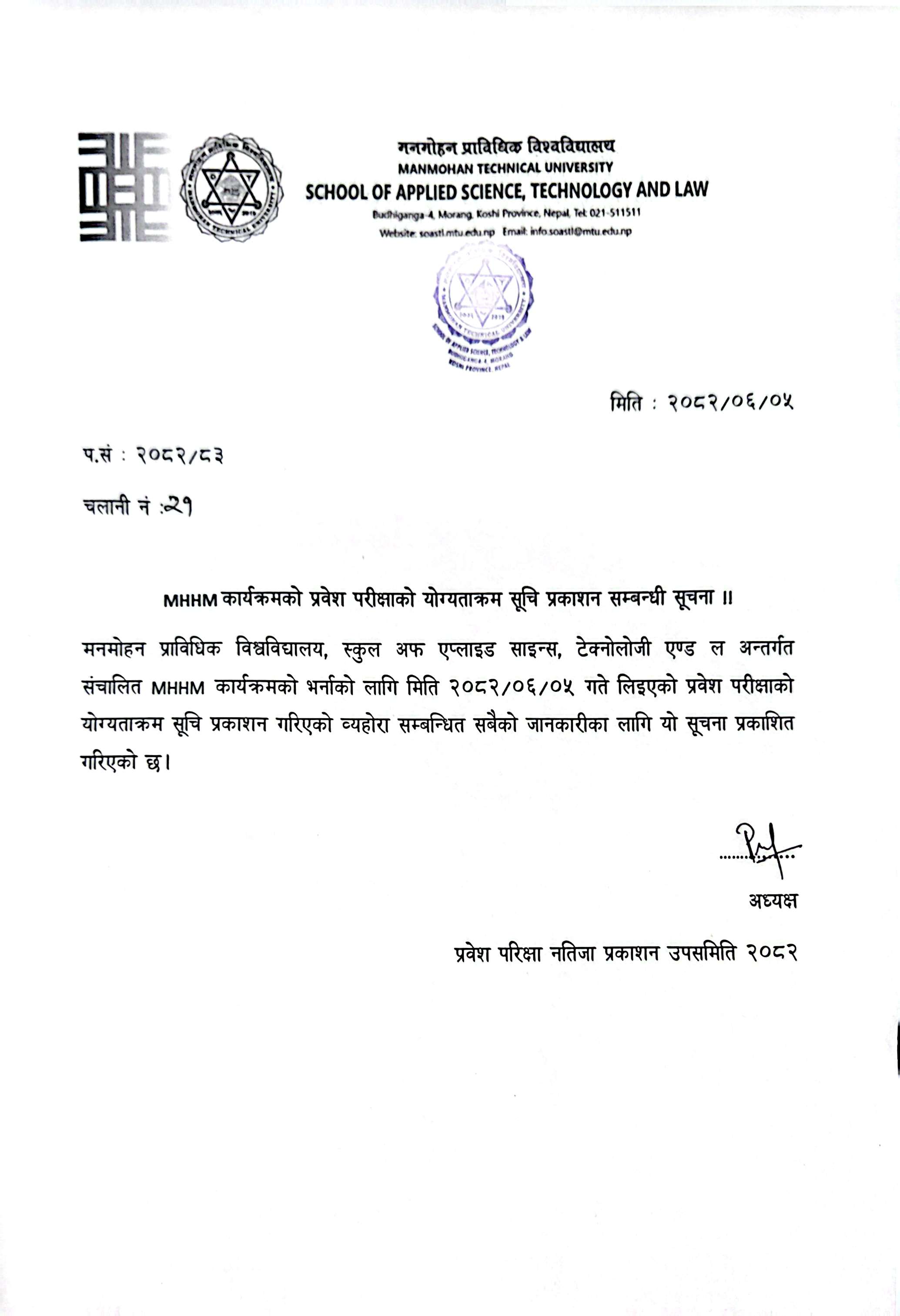 Ranking List of MHHM 2082 Entrance Examination