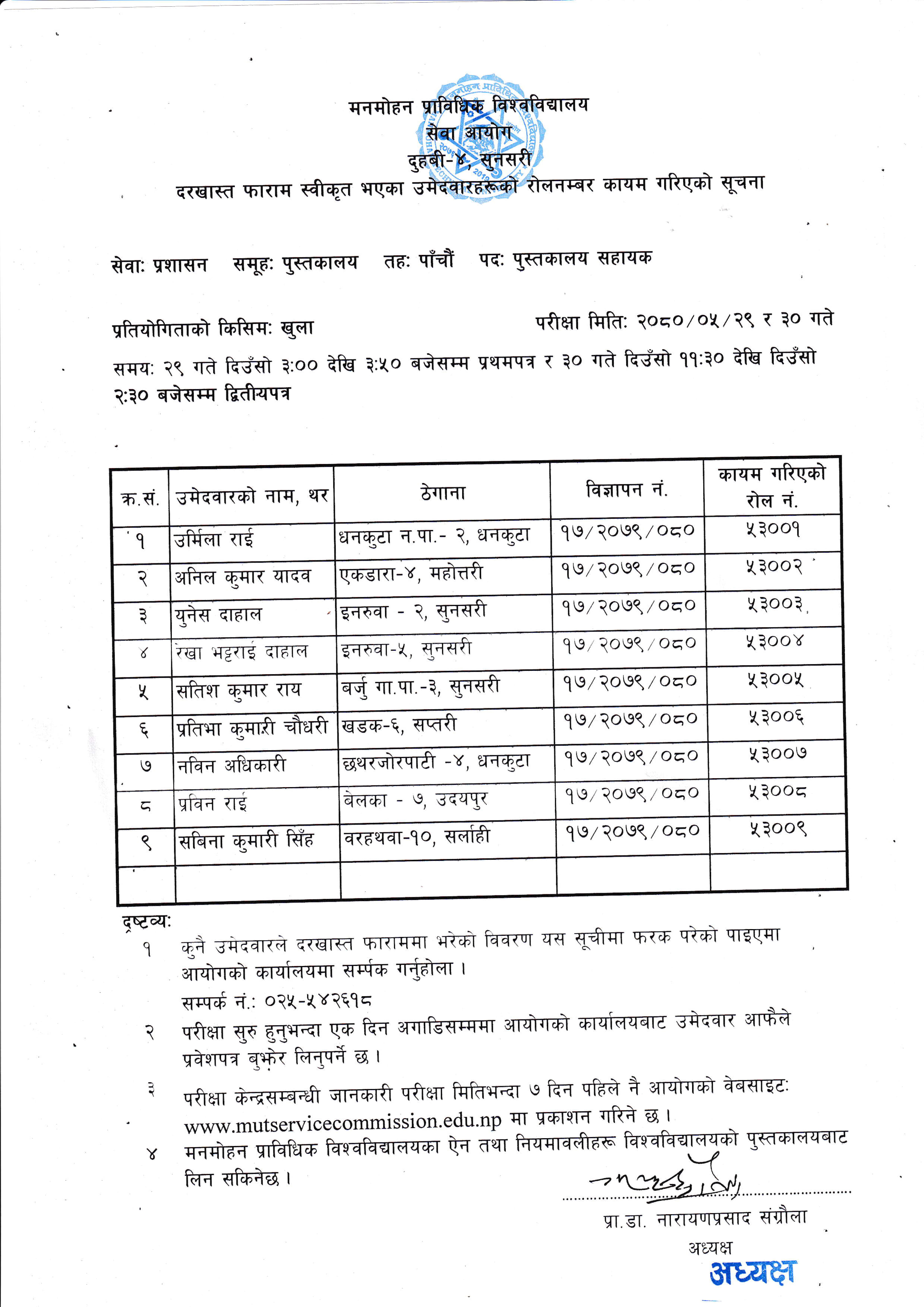राेल नम्वर कायम गरिएको सूचना - तह ५ - पुस्तकालय सहायक